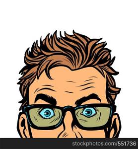 Man look glasses Stylish young man. Serious funny isolate on white background. Comic cartoon pop art vector retro vintage drawing. Man look glasses Stylish young man. Serious funny isolate on white background
