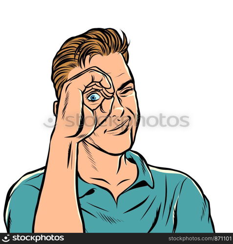 man look telescope hand. Pop art retro vector illustration drawing. man look telescope hand