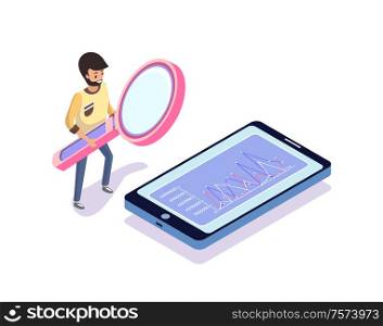 Man looking at chart in phone, standing person holding magnifier, growth on screen. Human holding big loupe, grey colorful screen with chart vector. Man with Magnifier Looking at Phone, Chart Vector
