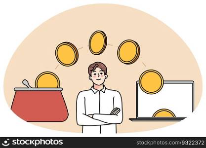 Man looking at golden coins flying from laptop to wallet. Concept of online income and banking. Easy internet bank account. E-commerce and finances. Vector illustration.. Coins flying from computer into wallet