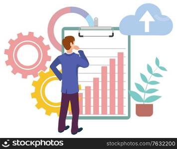 Man looking at growing graphs at clipboard, cloud storage sign, cogwheels and plant in pot. Vector male manager back view, financial statistics, business education. Vector illustration in flat cartoon style. Man Looks at Growing Graphs at Clipboard, Storage