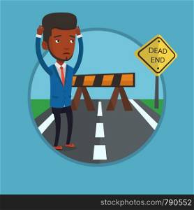Man looking at road sign dead end symbolizing business obstacle. Man facing with business obstacle. Business obstacle concept. Vector flat design illustration in the circle isolated on background.. Businessman looking at road sign dead end.