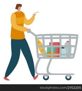 Man looking at shopping list and pushing supermarket trolley isolated on white background. Man looking at shopping list and pushing supermarket trolley
