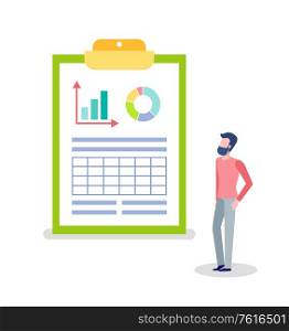 Man looking at statistics and info on board vector, clipboard with information in visual representation, infochart and pie diagram colored isolated. Statistics and Information on Clipboard and Man