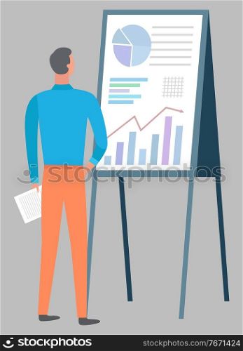 Man looking at white board with graphs, growing chart and diagrams. Financial statistics report. Working on optimization of business vector illustration. Man and Whiteboard with Graph Growing Chart Vector