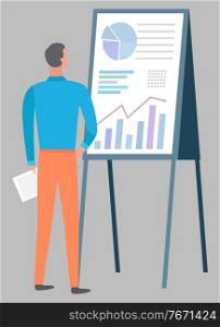 Man looking at white board with graphs, growing chart and diagrams. Financial statistics report. Working on optimization of business vector illustration. Man and Whiteboard with Graph Growing Chart Vector
