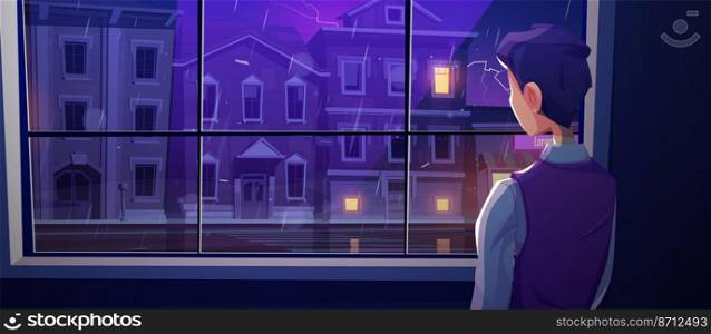 Man looking at window at rain on city street. Vector cartoon illustration of thunderstorm with lightning in town with houses, road and person standing inside home at rainy night. Man looking at window at rain on city street