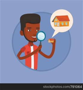 Man looking for a new house in real estate market. Man using a magnifying glass for seeking a new house in real estate market. Vector flat design illustration in the circle isolated on background.. Man looking for house vector illustration.