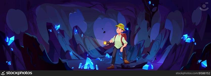 Man looking for crystal treasure inside mine cave cartoon background. Male character explorer underground. Tourist guy in dark fantasy grotto place with gem quartz stone. Under ground canyon tunnel. Man looking for crystal treasure inside mine cave
