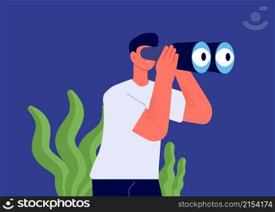Man looking in binocular. Watch perspectives, finding resources or loor for love or dream vector concept. Illustration of businessman with binoculars, business vision success. Man looking in binocular. Watch perspectives, finding resources or loor for love or dream vector concept
