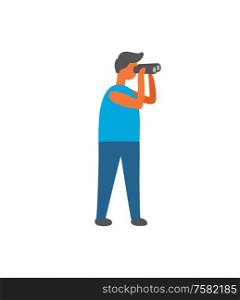 Man looking in binoculars vector isolated person looking away. Cartoon male hunter watching in optical instrument with lens for each eye, viewing distant objects. Man Looking in Binoculars Vector Isolated Person