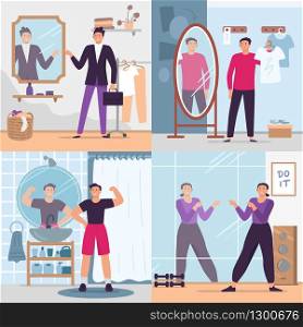Man looking in mirror. Vector illustration set. Handsome man in gym or fitting room. Fashion glamour clothes. Man looking in mirror. Vector illustration set