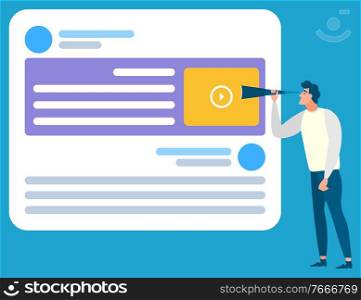 Man looking into white card with captions site. Website for education and business. Person on blue background vector illustration in flat style. Man Stand near White Card with Captions, Website