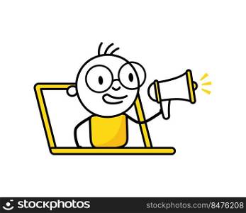 Man looks out through a laptop screen and announcing something in a megaphone in his hand. Online business and marketing concept. Vector stock illustration.