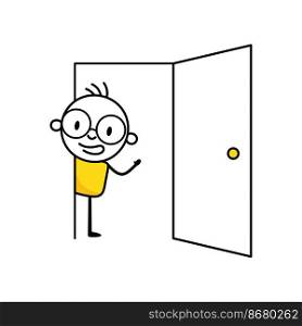 Man looks out through the open door. Vector stock illustration