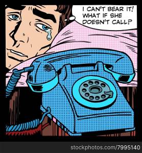 man love crying waiting call phone pop art retro style. Relations between men and women. Emotions and tears. Humor. man love crying waiting call phone