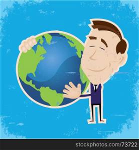 Man Loving Earth. Illustration of a small businessman holding mother earth in his arm