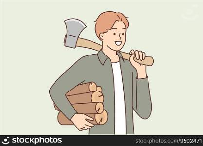 Man lumberjack holds ax and logs for making fire during hike or c&ing with night halt. Lumberjack guy prepared branches for kindling fireplace in house and creating cozy atmosphere in cottage. Man lumberjack holds ax and logs for making fire during hike or c&ing with night halt