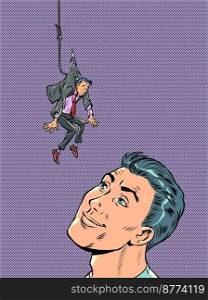 man Lure trap people on a fishing hook. Dangerous love. Pop art retro vector illustration 50s 60s style kitsch vintage. man Lure trap people on a fishing hook. Dangerous love