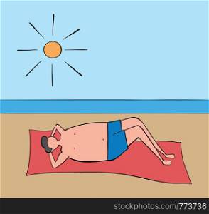 Man lying down on the beach, hand-drawn vector illustration. Black outlines, colored.