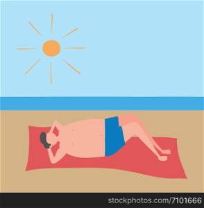 Man lying down on the beach, hand-drawn vector illustration. Colored flat style.
