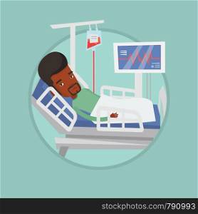 Man lying in bed in hospital. Patient resting in hospital bed with heart rate monitor. Patient during blood transfusion procedure. Vector flat design illustration in the circle isolated on background.. Man lying in hospital bed vector illustration.