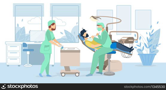 Man Lying in Medical Chair in Stomatologist Cabinet with Nurse and Equipment. Examination by Doctor. Staff in Medical Robe Conducting Patient Health Check Up Treatment Cartoon Flat Vector Illustration. Man Lying in Medical Chair Stomatologist Cabinet