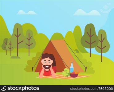 Man lying in tent, smiling boy with beard on mat with bottle and food, green trees and mountain landscape, cloudy sky. Adventure and tourism vector. Male Lying in Tent, Mountain and Trees Vector
