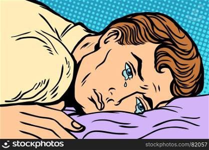 man lying on bed, depression grief and sadness. Comic book cartoon pop art retro Illustrator vector drawing. man lying on bed, depression grief and sadness