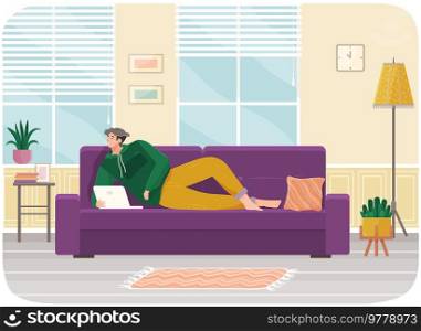 Man lying on couch with computer, holding laptop and correspondence surfing in Internet. Male character communicating with friends, studying remotely, sitting on sofa, relaxing, resting after work. Man lying on couch with computer, holding laptop and correspondence surfing in Internet, typing