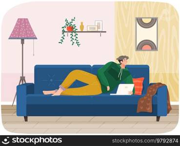 Man lying on couch with computer, holding laptop and correspondence surfing in Internet. Male character communicating with friends, studying remotely, sitting on sofa, relaxing, resting after work. Man lying on couch with computer, holding laptop and correspondence surfing in Internet, typing