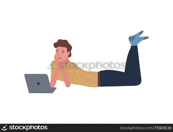 Man lying on floor and watching film on notebook isolated cartoon character. Vector teenage guy with laptop, young boy and computer, flat style. Man Lying on Floor and Watching Film on Notebook