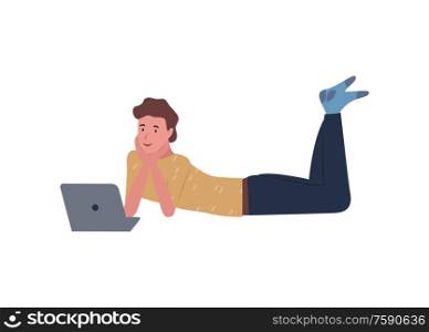 Man lying on floor and watching film on notebook isolated cartoon character. Vector teenage guy with laptop, young boy and computer, flat style. Man Lying on Floor and Watching Film on Notebook
