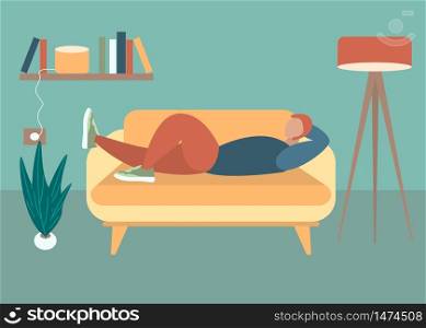 Man lying on Sofa at Living Room. Relax chilling or Working on Comfortable Couch on Evening or Weekend at Home. Flat Vector Cartoon Illustration. Trendy simple interior. Social distancing, quarantine