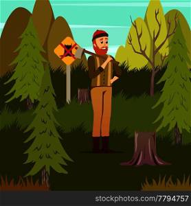 Man-made disastrous deforestation environmental hazard orthogonal forestry background poster with woodcutter among tree stumps vector illustration . Man-made Disasters Orthogonal Background