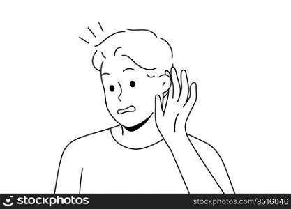 Man make hand gesture hearing gossip or rumor. Frustrated male listening to hidden or secret information. Vector illustration. . Man listen to hidden information 