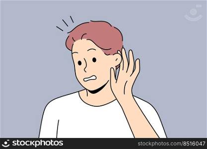 Man make hand gesture hearing gossip or rumor. Frustrated male listening to hidden or secret information. Vector illustration.. Man listen to hidden information