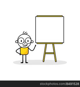 Man makes a presentation near a storyboard. Vector stock illustration.