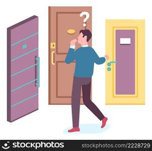Man making choice. Guy picking door to open. Opportunity concept isolated on white background. Man making choice. Guy picking door to open. Opportunity concept