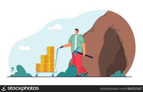Man making money flat vector illustration. Modern young man coming out of cave, holding pick and cart with gold coins in his hands. Earning, hunting for gold, money, wealth, mining concept for design