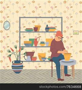 Man making pots, hipster male character sitting by wheel table with clay. Training practicing hipster, shelf with bowls and plates, cups and mugs, plant. Vector illustration in flat cartoon style. Pottery Hobby, Man Hipster at Home, Pots Making