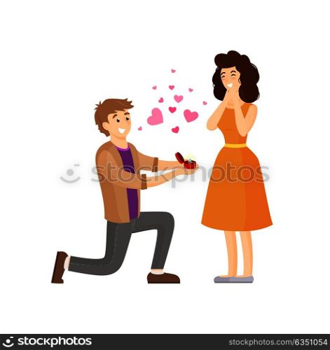 Man making proposal to woman presenting her wedding ring, vector illustration of happy couple in pink hearts symbols of love isolated on white. Man Making Proposal to Woman Presenting her Ring