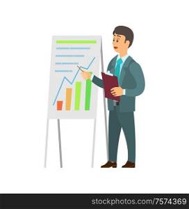 Man making report near board with graphs and charts vector. Isolated cartoon male in suit, with clipboard pointing on growing diagram, financial analytic. Man Making Report Near Board with Graphs and Chart