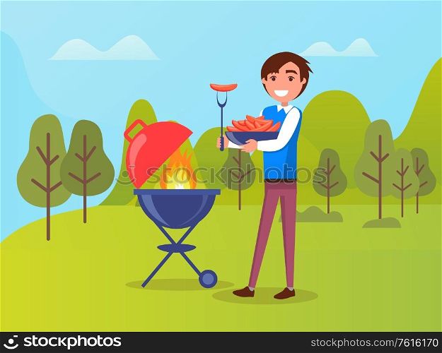 Man making sausages on grill, boy full length view in casual clothes holding bowl with meat, smiling male cooking outdoor, green park or forest vector. Person Cooking Sausages on Grill Outdoor Vector