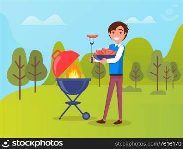 Man making sausages on grill, boy full length view in casual clothes holding bowl with meat, smiling male cooking outdoor, green park or forest vector. Person Cooking Sausages on Grill Outdoor Vector