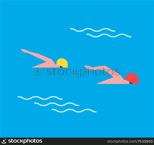 Man males in sport swimming pool. Professional swimmers wearing special mask and hat. Hobby of people experts in natatory hobby isolated vector sportsman. Man Males in Sport Swimming Vector Illustration
