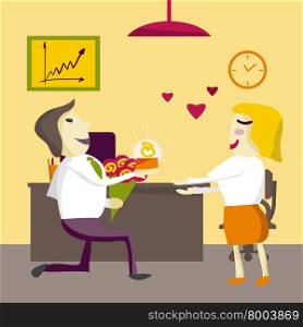 Man Manager gets down on one knee and gives the ring woman on Valentine&rsquo;s Day in the office. Flat isolated vector illustration