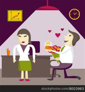 Man Manager offers a woman to marry him, but is denied on Valentine&rsquo;s Day in the office. Flat isolated vector illustration