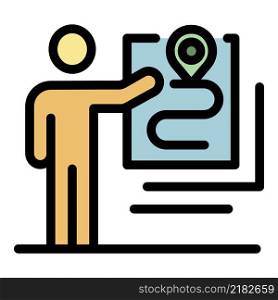 Man marks a route on a map icon. Outline man marks a route on a map vector icon color flat isolated. Man marks a route on a map icon color outline vector