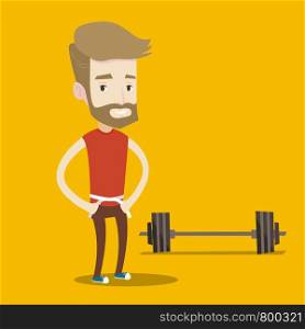 Man measuring his waistline with a tape. Man measuring with tape the abdomen. Happy man with centimeter on a waist standing near a barbell on the floor. Vector flat design illustration. Square layout.. Man measuring waist vector illustration.